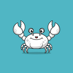 A cheerful white cartoon crab with big eyes raised claws and a happy smiling expression.