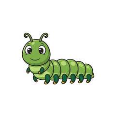 Cute green cartoon caterpillar with large eyes and curly antennae.