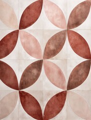 sophisticated geometric tile pattern designed with a repeating motif of overlapping circles and semicircles in muted earth tones: terracotta, dusty rose, and beige. The light grout provides 