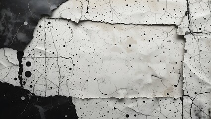 Grungy monochrome texture with torn paper and cracks, creating an aged and distressed background with an abstract design, ideal for vintage and artistic projects