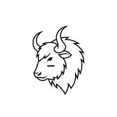 Minimalist black line art of a fierce bison head with a shaggy mane and a cheek mark.