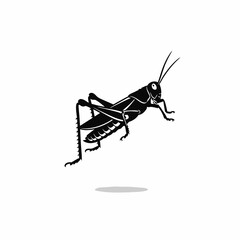 Minimalist black silhouette of a grasshopper a graphic vector illustration showing the insect in a dynamic jumping pose.