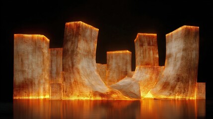 Burning Manuscript Architecture Abstract Skyscrapers constructed from floating parchment sheets with glowing ember edges knowledge-as-structure metaphor