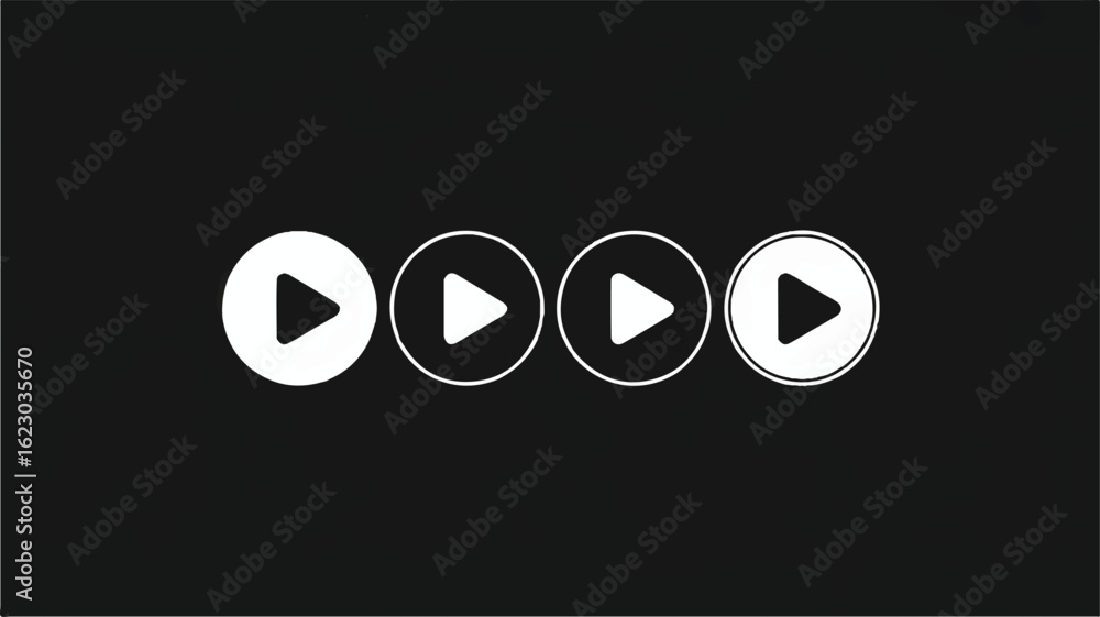 Poster a minimalist icon design showing four identical play buttons arranged horizontally against a black b