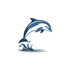 Stylized blue dolphin logo gracefully leaping from a dynamic water splash.