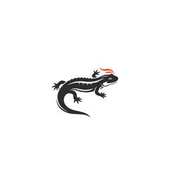 Stylized black salamander with a fiery orange crest and a curved tail.