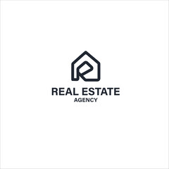 Vector art of modern real estate agency logo with letter r isolated on white background