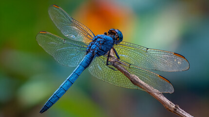 A close up shot of a bright blue dragonfly perched on a twig with a blurred colorful background outdoors