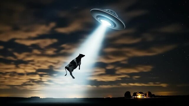 An alien spacecraft emits a powerful light beam, abducting a cow from a vast, dark countryside at night.