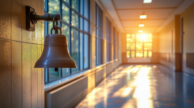 School bell hanging in the hallway, sunlight pouring through the windows, space for text, the beginning of the school day.