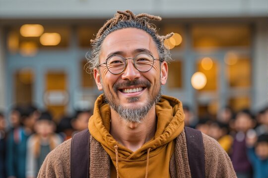 Teachers greeting students outside school, smiling and engaging with friendly expressions. Concept of teachers greeting students outside, fostering warm atmosphere in school environment.