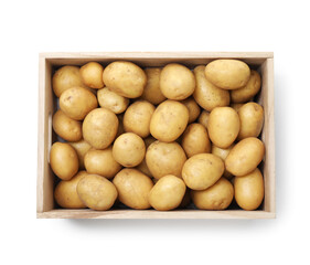 Fresh raw potatoes in wooden crate isolated on white, top view