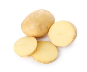 Whole and cut potatoes isolated on white