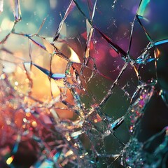 Abstract image of shattered glass with colorful light refracting through the cracks and edges detail