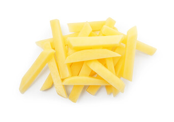 Slices of raw potatoes isolated on white, top view