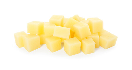 Pieces of raw potatoes isolated on white