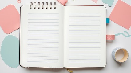 Open notebook with blank pages isolated on white background, surrounded by pastel stationery, perfect for mockup designs and flat lay compositions