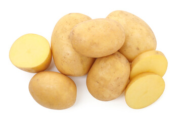 Whole and cut potatoes isolated on white, top view