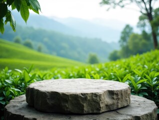 Stone Display Podium Surrounded by Green Mountain Tea Fields