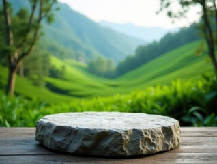 Natural Stone Platform Framed by Vibrant Greenery and Hills