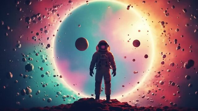 An astronaut stands on a distant planet, observing a glowing celestial body amidst a colorful, asteroid-filled cosmos.