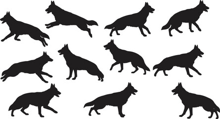 German, Shepherd, dog, silhouette, running, standing, lying, vector, illustration, CAD, drawing, flat, design, black, shape, graphic, pet, animal, pose, artwork