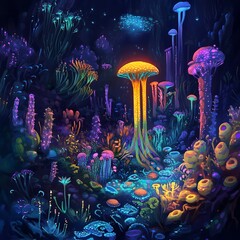 Glowing fantasy mushroom forest with bioluminescent plants and colorful flora in dark environment scene