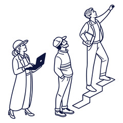 Business people looking up to the future isolated on white background