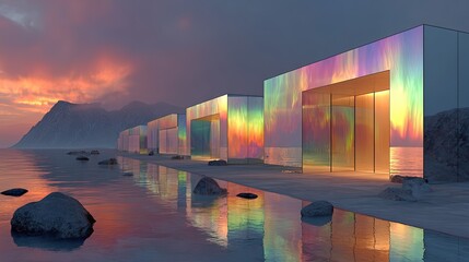 Arctic Mirage Architecture Abstract Glass-like structures refracting aurora borealis frozen fog creating optical illusions of floating forms