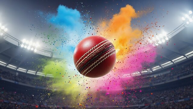 cricket india close up ball with india powder flag colors explosion, stadium
