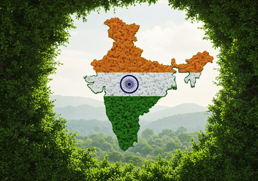 Vibrant map of india formed by colorful flowers and the national flag against a lush green forest backdrop