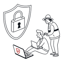 Two people working on cybersecurity isolated on white background