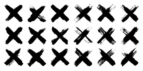 Obraz premium Grunge crosses, brush strokes, x mark, lines, ink smudges, hand-drawn scribble shapes. Handmade sketchy marks, acrylic stains, charcoal streaks. Paint textures, dry brush effect. Vector illustration