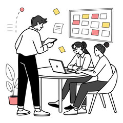 Team having a meeting around a table isolated on white background