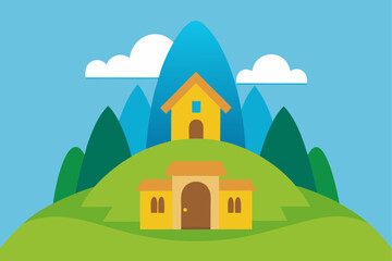 Naklejka premium Charming cartoon houses nestled on green hills with blue mountains and fluffy white clouds in a clear sky