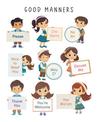Good Manners for Kids – Polite Words and Social Skills Chart. Cute poster showing polite phrases like “Please” and “Thank you.” Great for teaching kids good manners at home or school © Shafura