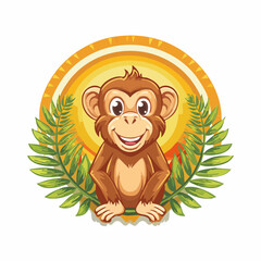 Obraz premium Charming monkey cartoon illustration with leafy frame and sun design backdrop