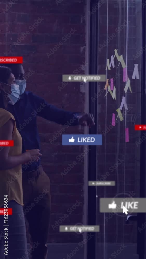 Poster animation of text and data processing over diverse business people in office