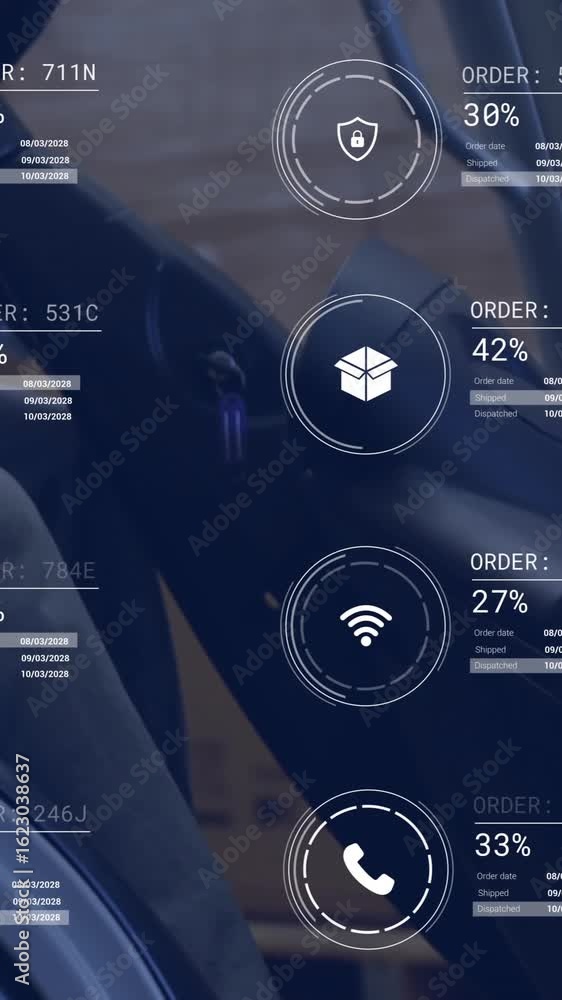 Poster animation of icons and data processing over caucasian man in forklift working in warehouse