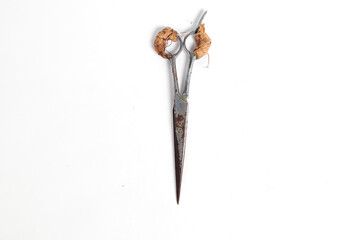rusty barber scissors wrapped in gauze isolated on white background