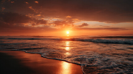 A vibrant sunset over the ocean with waves gently lapping on the shore and dramatic clouds overhead