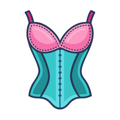 Colored vector icon of a turquoise and pink color women&rsquo;s corset, symbolizing femininity, elegance, and intimate fashion. Isolated on a transparent background