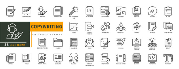 Minimalist Copywriting line icons set with editable stroke, featuring writer, paper pen, document stack, folder, computer, social media, creative writing, advertising, con. thin linear illustration.