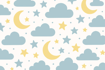 Dreamy seamless pattern with soft blue clouds, yellow stars and moons for kids products and nursery decor