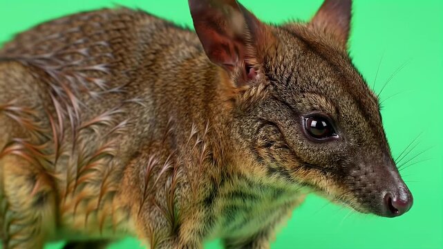 Close-up Portrait of a Small Brown Marsupial, Likely a Potoroo or Pademelon, with Large Ears and Dark Eyes, Against a Vibrant Green Studio Background