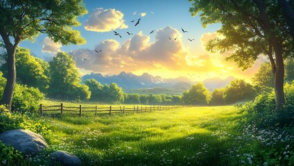 A vibrant landscape with a lush green field, trees, a wooden fence, and a bright sunny sky with birds