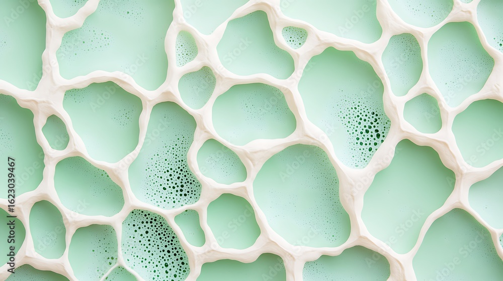 Aufkleber a textured pattern of mint green bubbles with a white, porous structure, creating a visually strikin