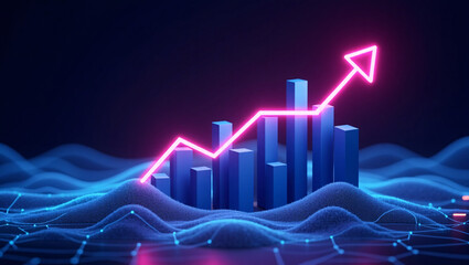Naklejka premium A glowing pink upward arrow over blue 3D bars and wavy lines, suggesting growth in data or finance.