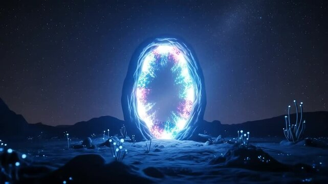 An otherworldly luminous portal illuminates a mysterious night landscape filled with glowing blue alien plants under a starry sky.