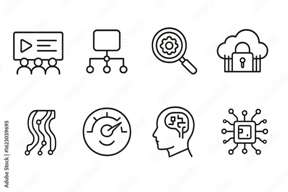 Poster technology and security icon set. flat, simple icons for digital applications